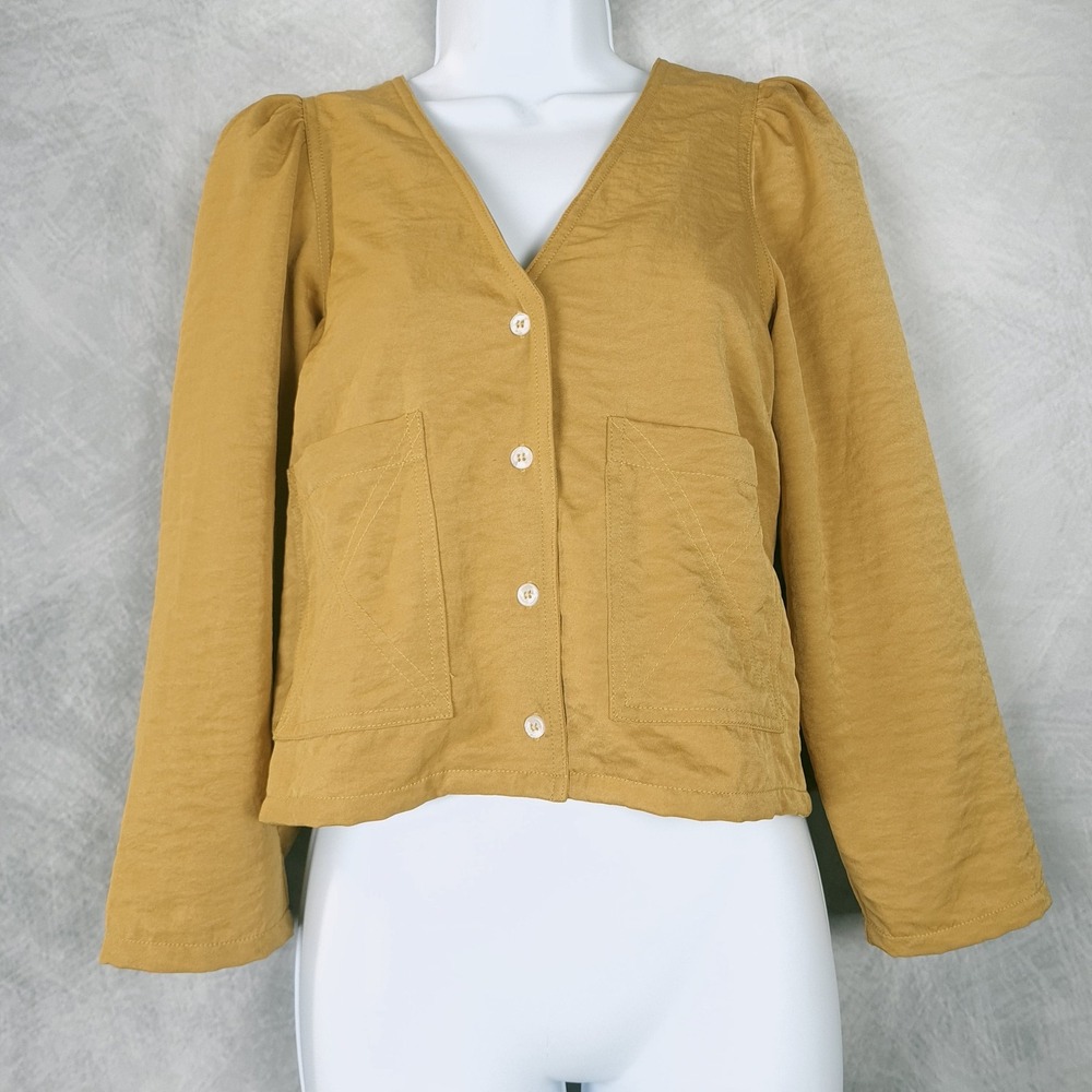 LF Markey Blouse Womens 6 Yellow V Neck Puff Sleeve Patch Pocket Boxy Cropped